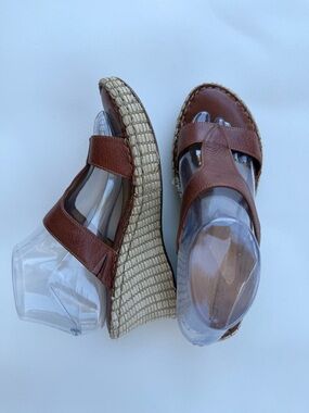 Born BROWN LEATHER Woven Wedge Platform Open Toe Slide Sandal Women 9M